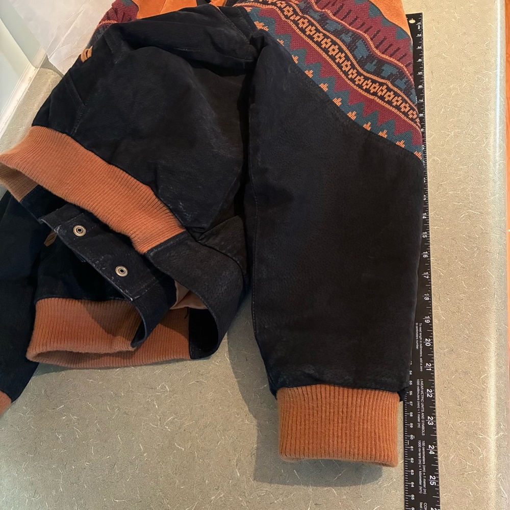 Vintage Aztec Color block Suede Jacket USA Faux Sherpa Trim Rancher *DISTRESSED - Picture 16 of 16